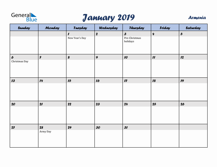 January 2019 Calendar with Holidays in Armenia