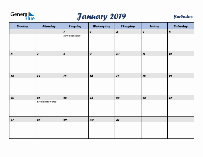 January 2019 Calendar with Holidays in Barbados