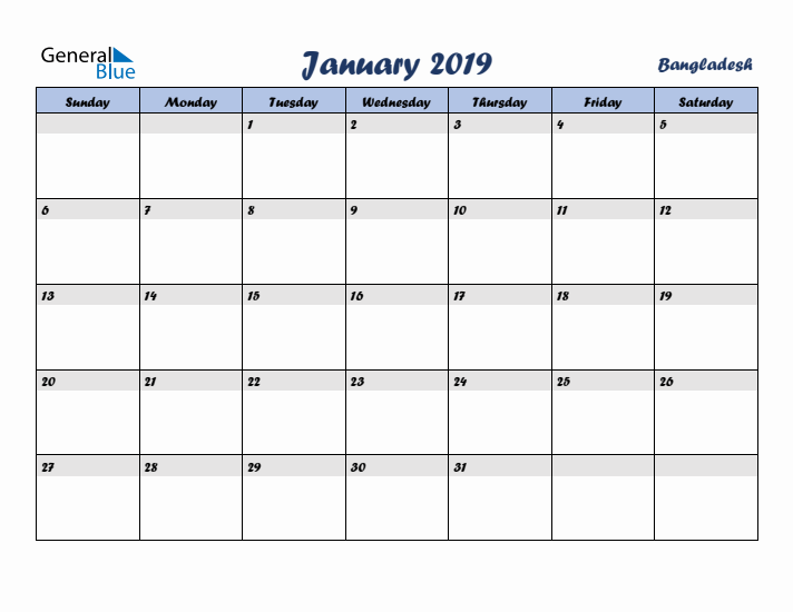 January 2019 Calendar with Holidays in Bangladesh