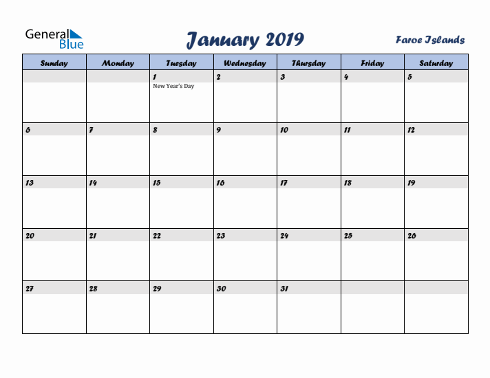 January 2019 Calendar with Holidays in Faroe Islands