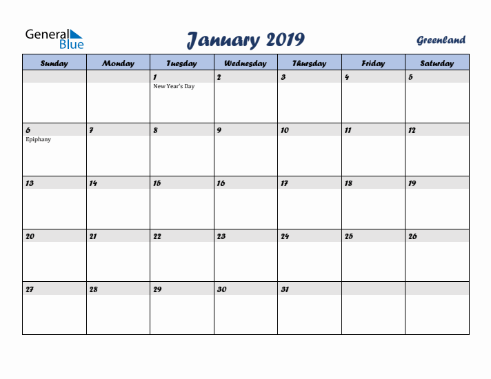 January 2019 Calendar with Holidays in Greenland