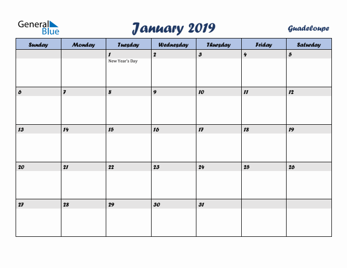 January 2019 Calendar with Holidays in Guadeloupe