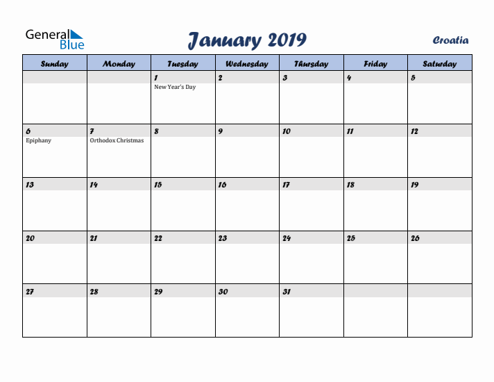 January 2019 Calendar with Holidays in Croatia