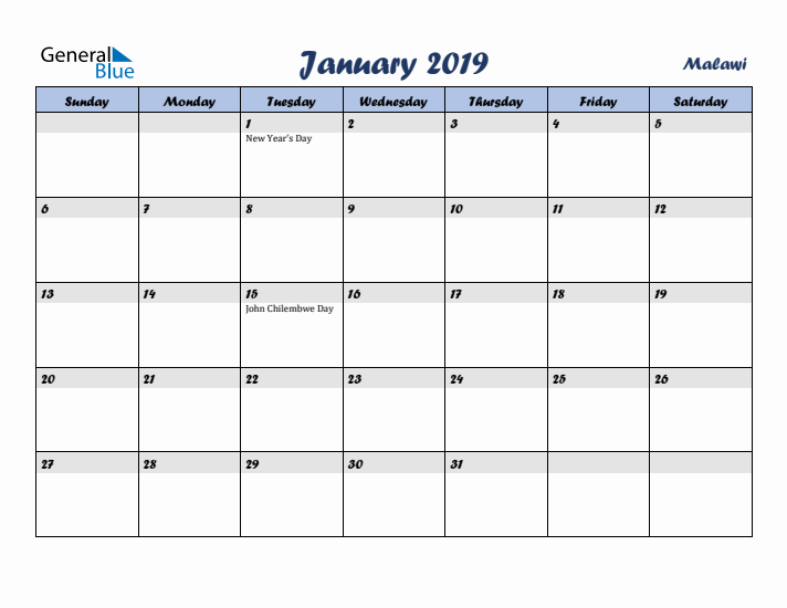 January 2019 Calendar with Holidays in Malawi