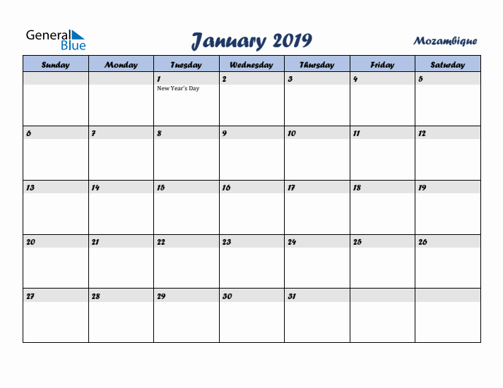 January 2019 Calendar with Holidays in Mozambique