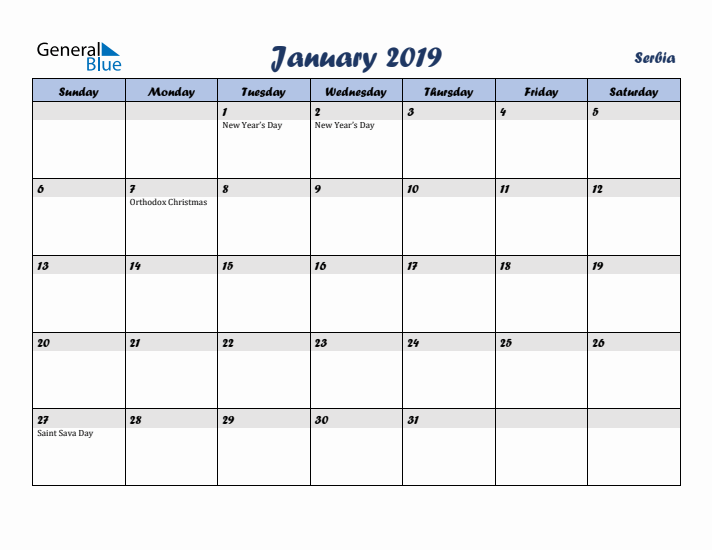 January 2019 Calendar with Holidays in Serbia