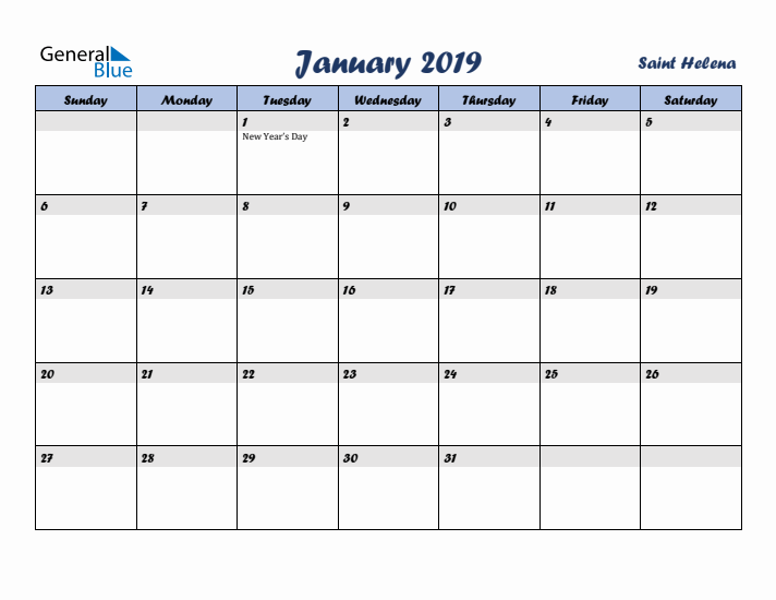 January 2019 Calendar with Holidays in Saint Helena