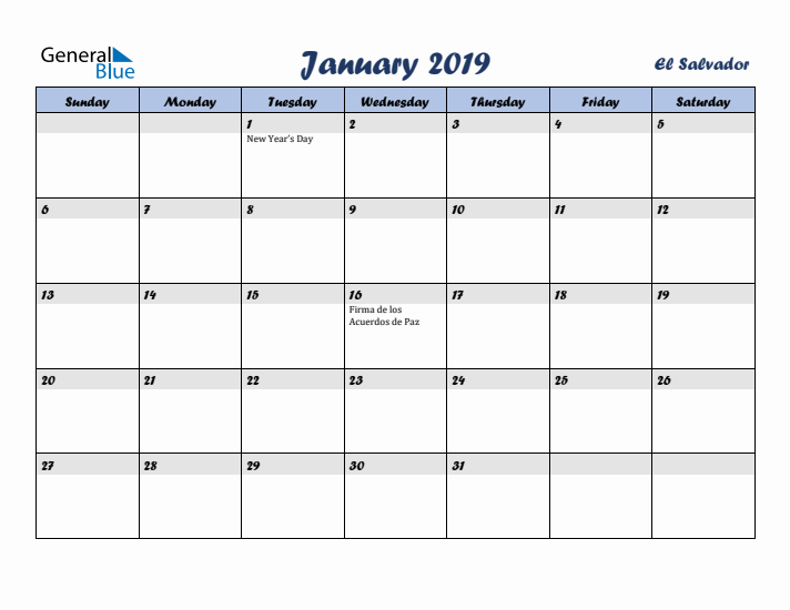 January 2019 Calendar with Holidays in El Salvador