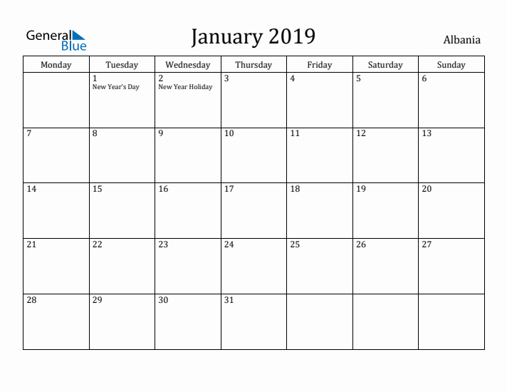 January 2019 Calendar Albania