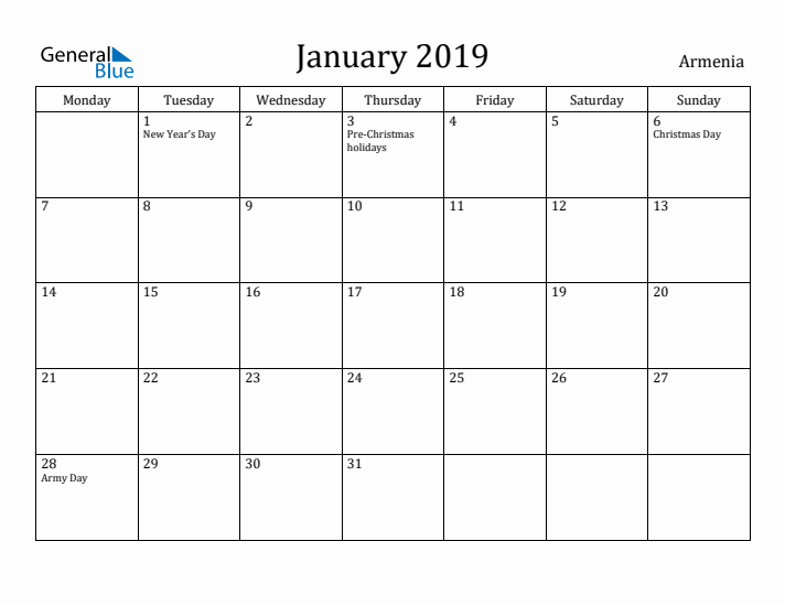 January 2019 Calendar Armenia