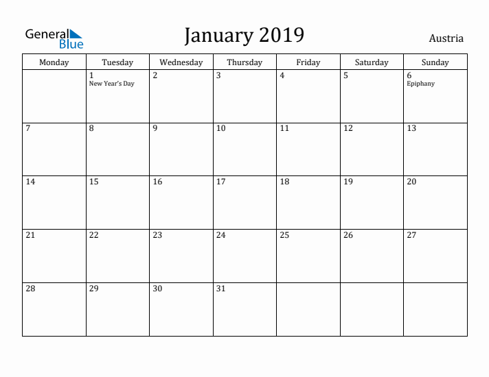 January 2019 Calendar Austria