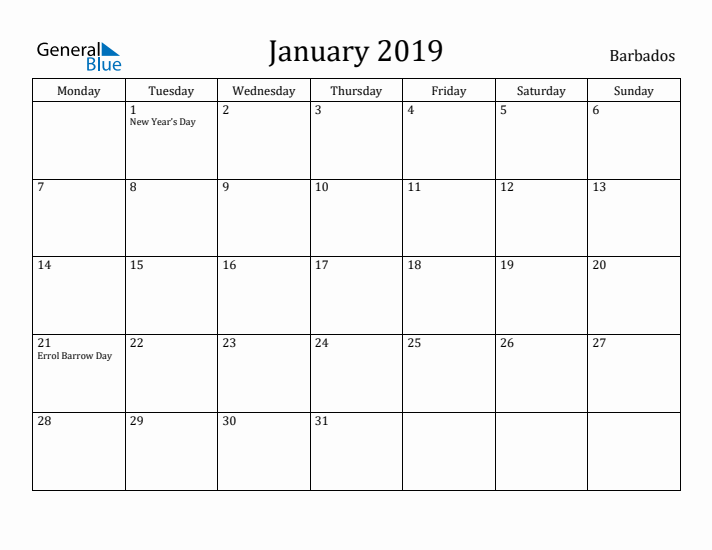 January 2019 Calendar Barbados