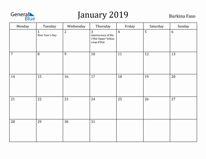 January 2019 Calendar Burkina Faso