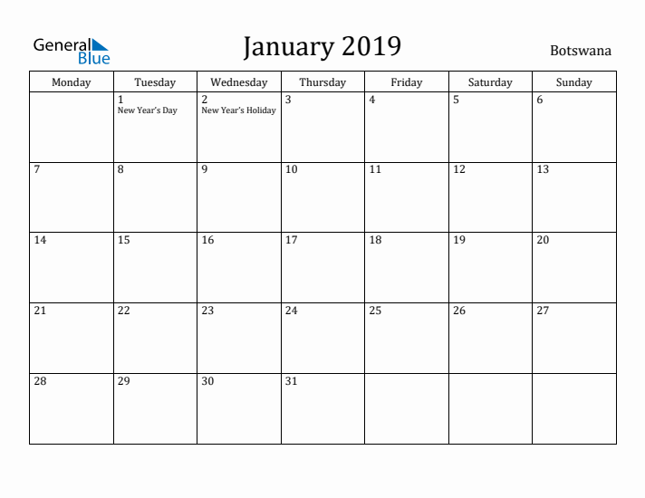 January 2019 Calendar Botswana