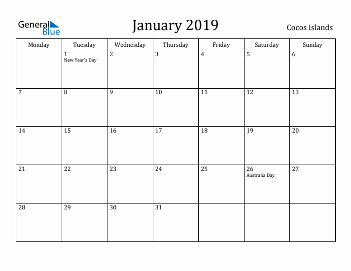 January 2019 Calendar Cocos Islands