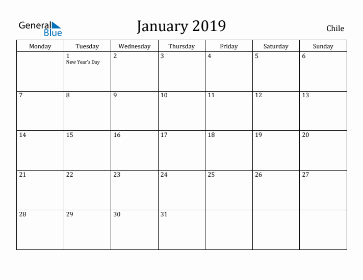 January 2019 Calendar Chile