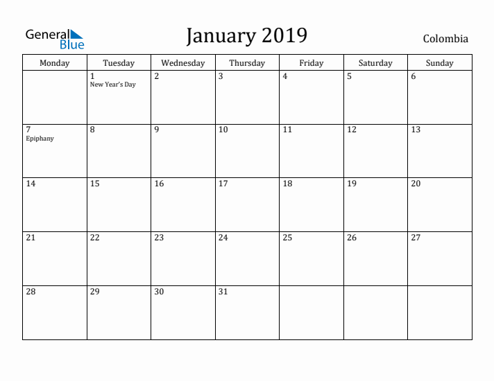 January 2019 Calendar Colombia