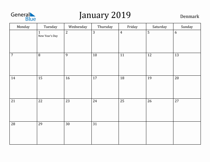 January 2019 Calendar Denmark