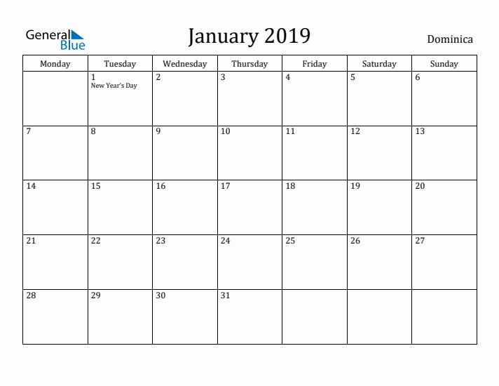 January 2019 Calendar Dominica