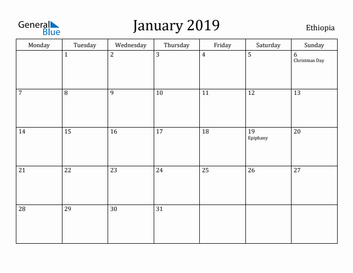 January 2019 Calendar Ethiopia