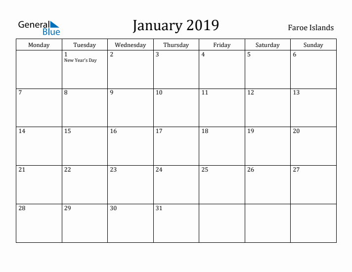 January 2019 Calendar Faroe Islands