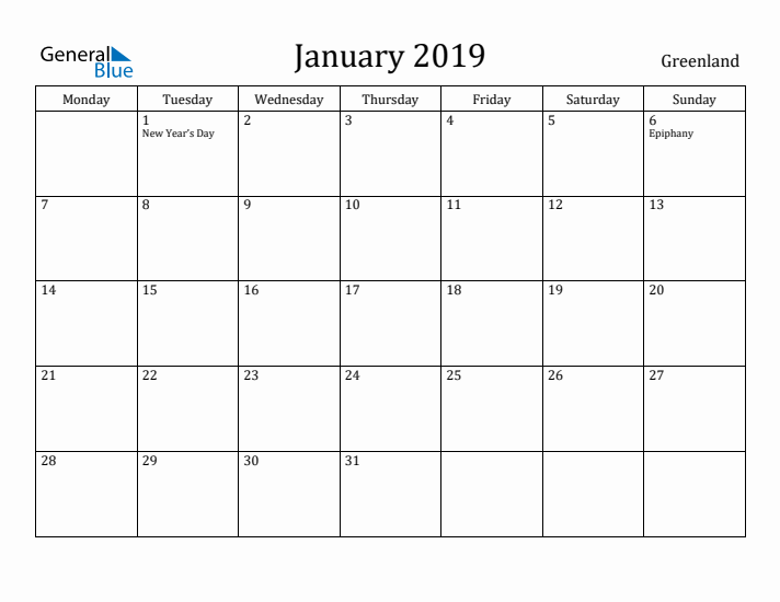 January 2019 Calendar Greenland