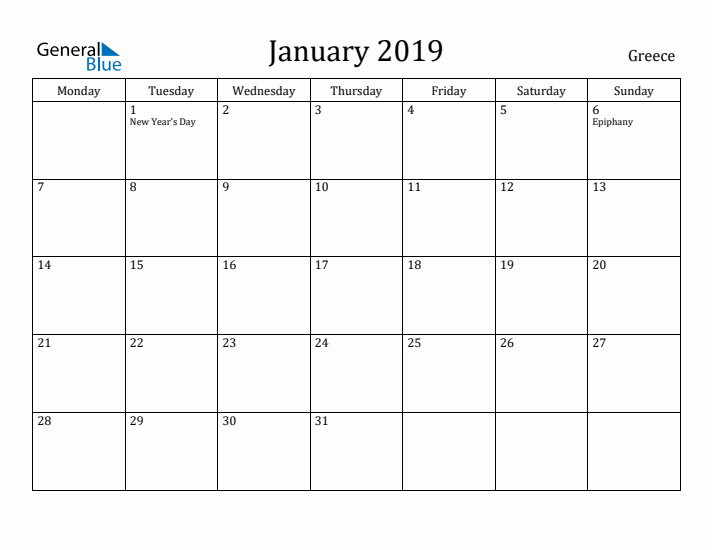 January 2019 Calendar Greece