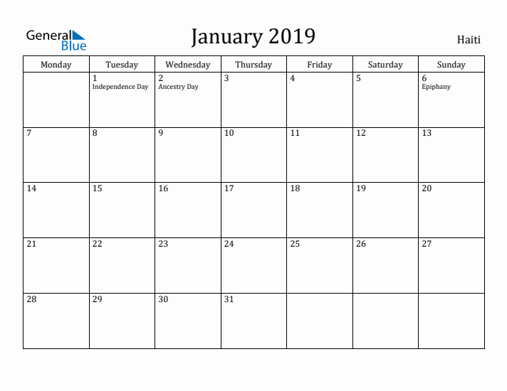 January 2019 Calendar Haiti