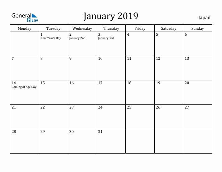 January 2019 Calendar Japan