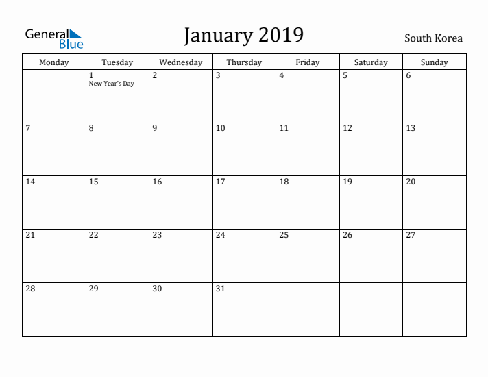 January 2019 Calendar South Korea