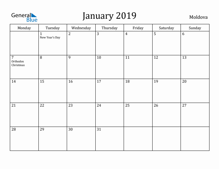 January 2019 Calendar Moldova