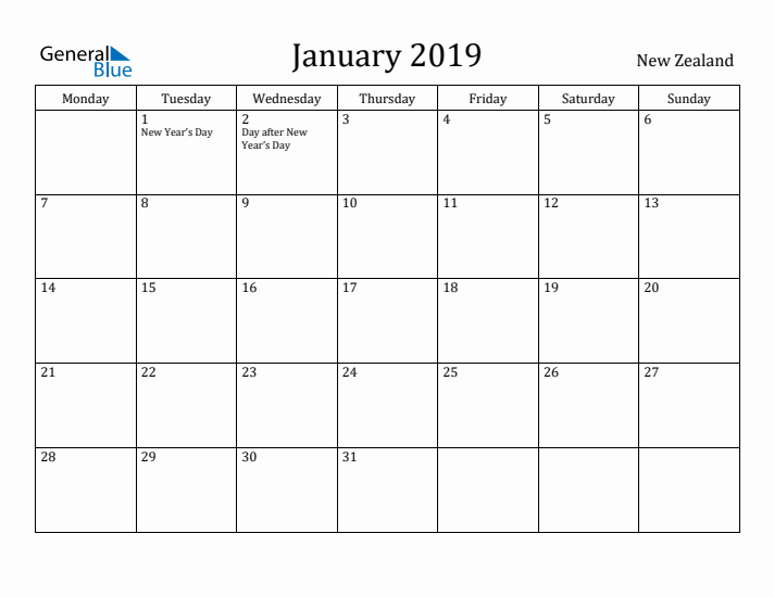 January 2019 Calendar New Zealand