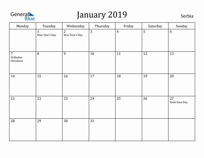 January 2019 Calendar Serbia