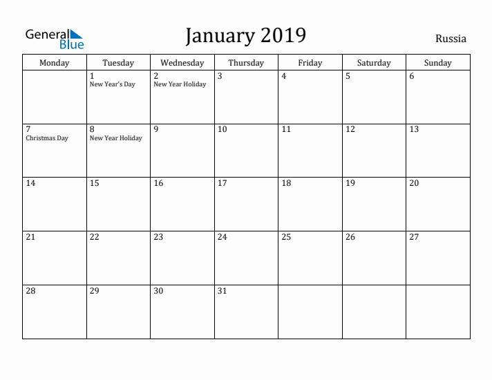 January 2019 Calendar Russia