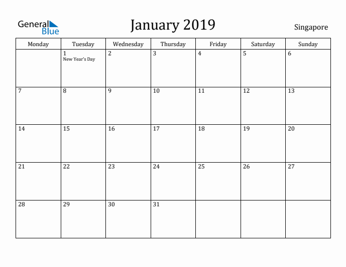 January 2019 Calendar Singapore