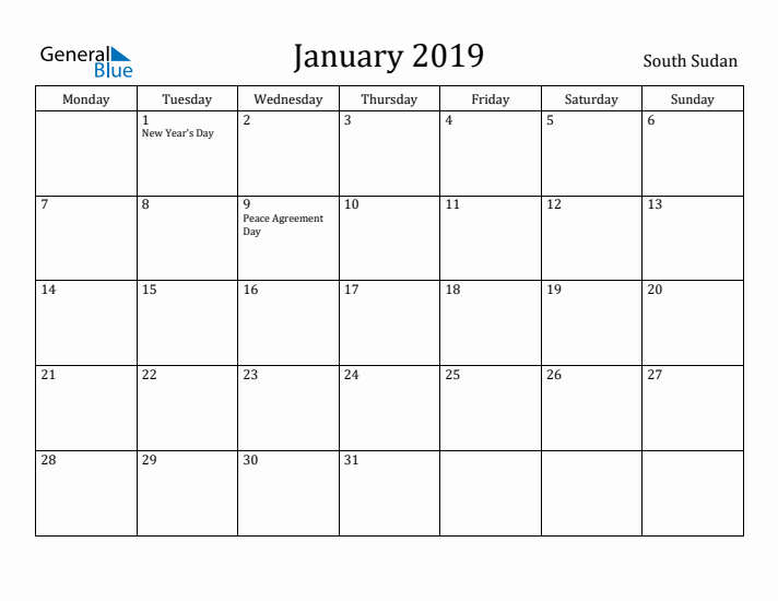 January 2019 Calendar South Sudan