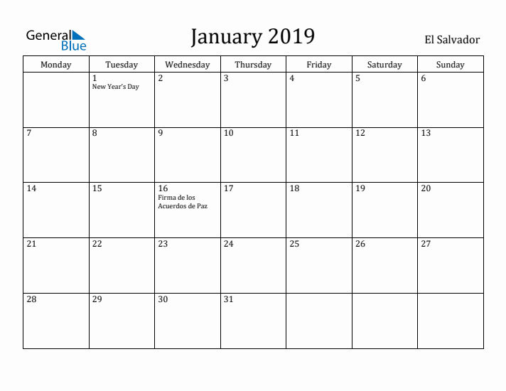 January 2019 Calendar El Salvador