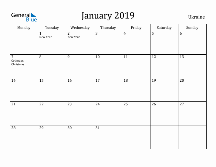 January 2019 Calendar Ukraine