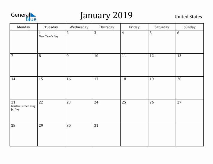 January 2019 Calendar United States