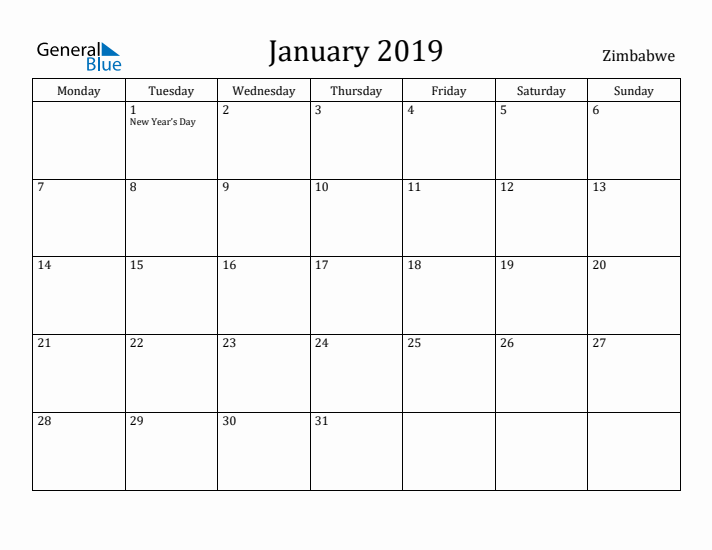 January 2019 Calendar Zimbabwe