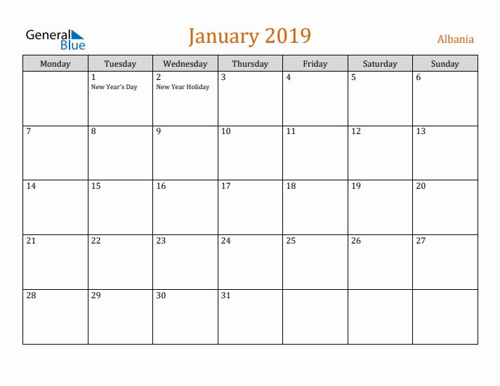 January 2019 Holiday Calendar with Monday Start