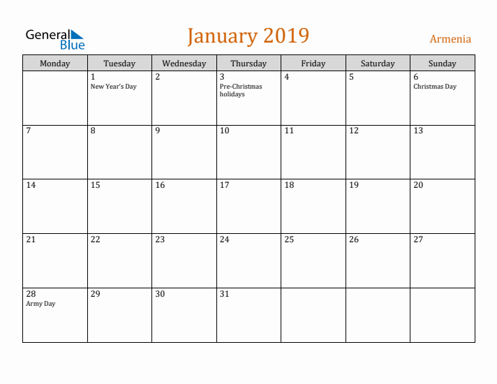 January 2019 Holiday Calendar with Monday Start