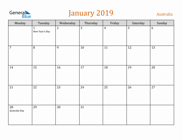 January 2019 Holiday Calendar with Monday Start