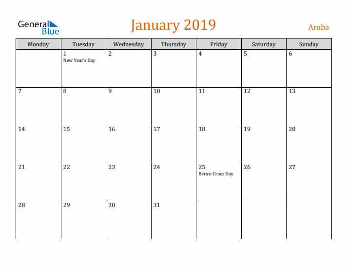 January 2019 Holiday Calendar with Monday Start