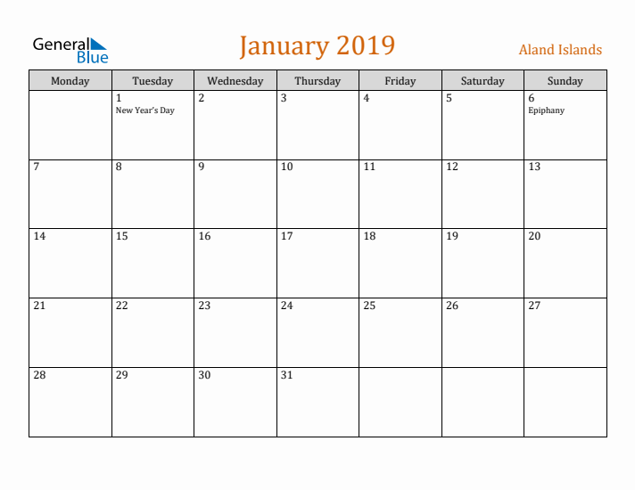 January 2019 Holiday Calendar with Monday Start