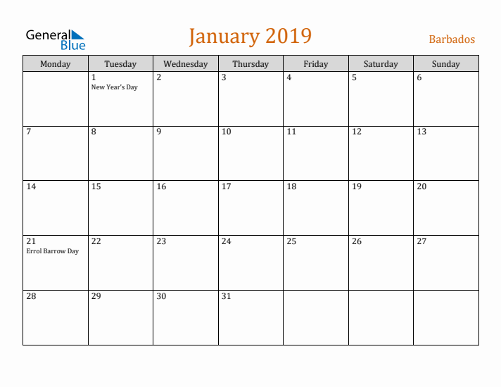 January 2019 Holiday Calendar with Monday Start