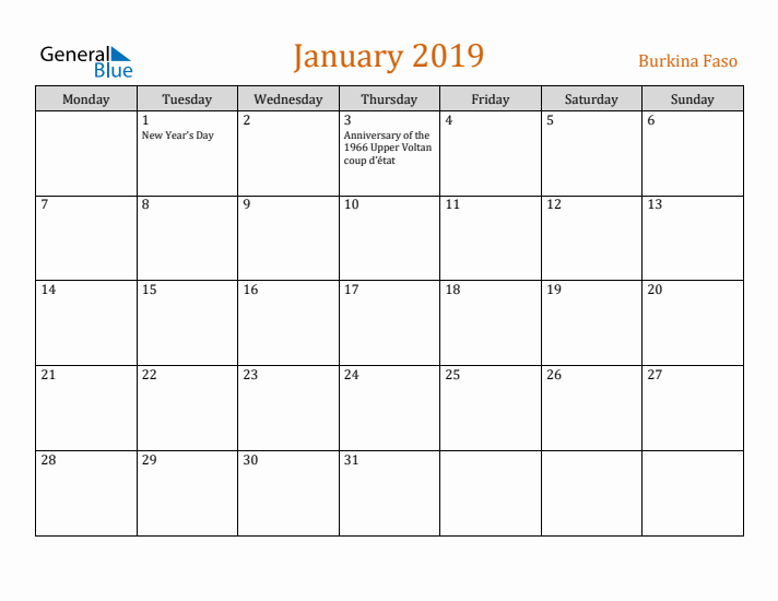 January 2019 Holiday Calendar with Monday Start