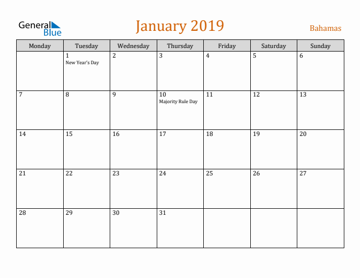 January 2019 Holiday Calendar with Monday Start