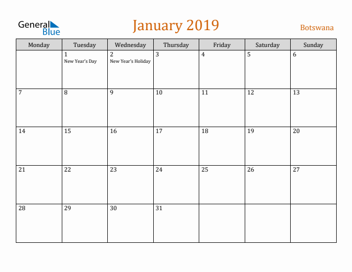 January 2019 Holiday Calendar with Monday Start