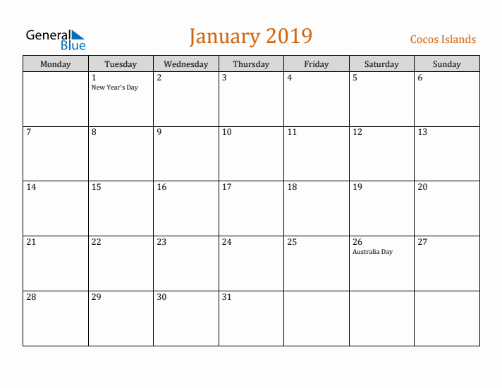 January 2019 Holiday Calendar with Monday Start